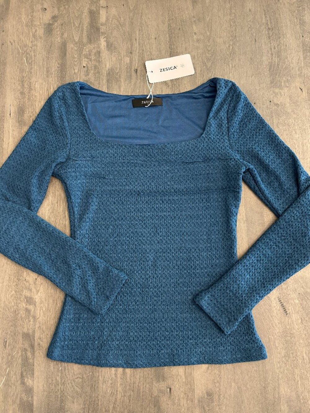 Zesica Women's S teal square neck slim fit stretch top-NEW